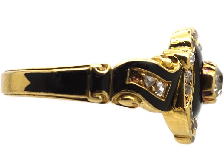Victorian 18ct Gold, Black Enamel & Diamond Mourning Ring