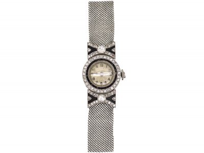 Art Deco Platinum, Onyx & Diamond Watch with Bow Detail