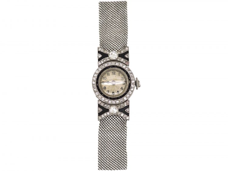 Art Deco Platinum, Onyx & Diamond Watch with Bow Detail