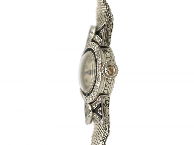 Art Deco Platinum, Onyx & Diamond Watch with Bow Detail
