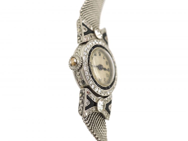 Art Deco Platinum, Onyx & Diamond Watch with Bow Detail
