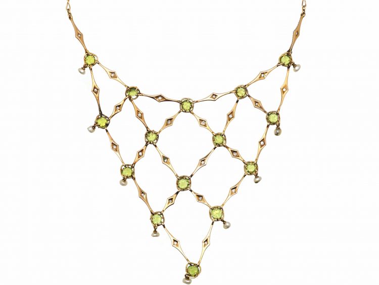 Edwardian 15ct Gold & Platinum, Bib Necklace set with Diamonds, Pearls & Peridots