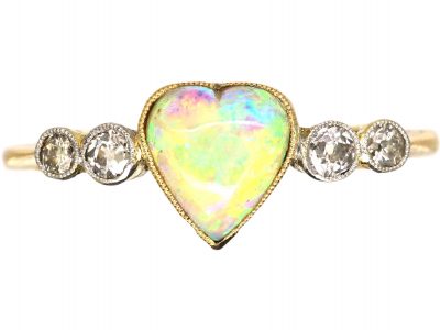 Edwardian 18ct Gold & Platinum Heart Shaped Opal & Diamond Ring