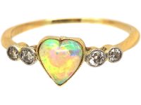 Edwardian 18ct Gold & Platinum Heart Shaped Opal & Diamond Ring