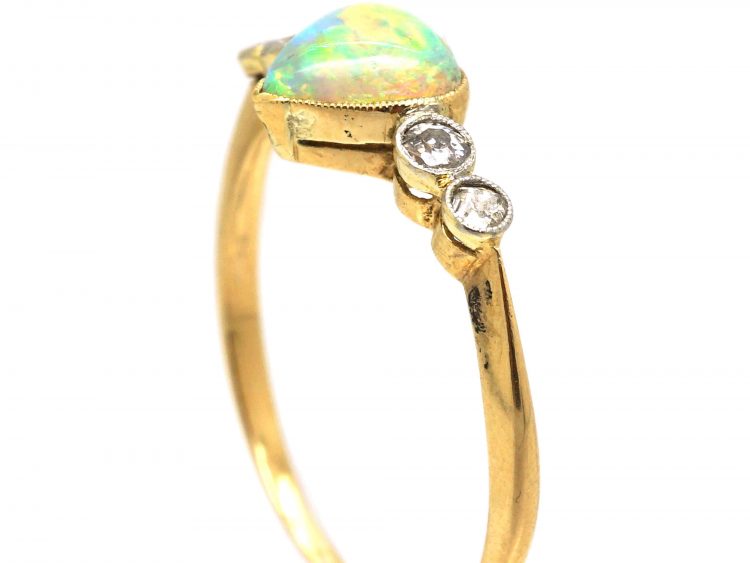 Edwardian 18ct Gold & Platinum Heart Shaped Opal & Diamond Ring