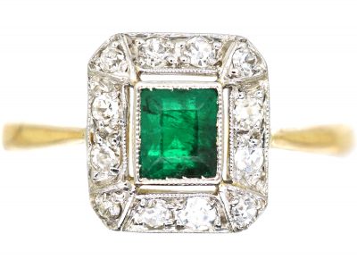 Art Deco 18ct Gold & Platinum, Emerald & Diamond Ring