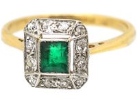Art Deco 18ct Gold & Platinum, Emerald & Diamond Ring