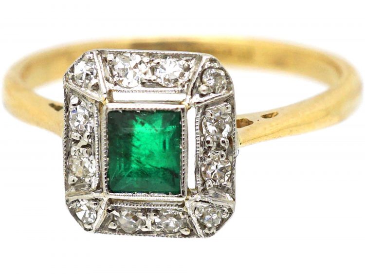 Art Deco 18ct Gold & Platinum, Emerald & Diamond Ring