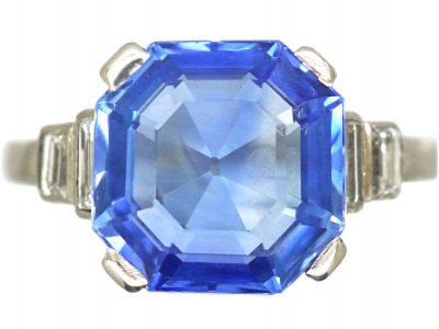 French Art Deco Platinum & Unheated Ceylon Sapphire Ring with Baguette Diamond Shoulders