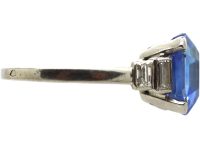 French Art Deco Platinum & Unheated Ceylon Sapphire Ring with Baguette Diamond Shoulders