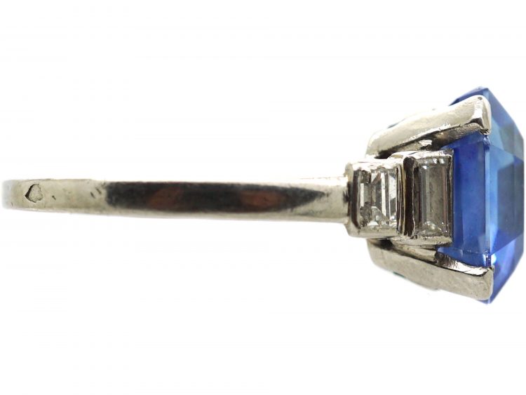 French Art Deco Platinum & Unheated Ceylon Sapphire Ring with Baguette Diamond Shoulders