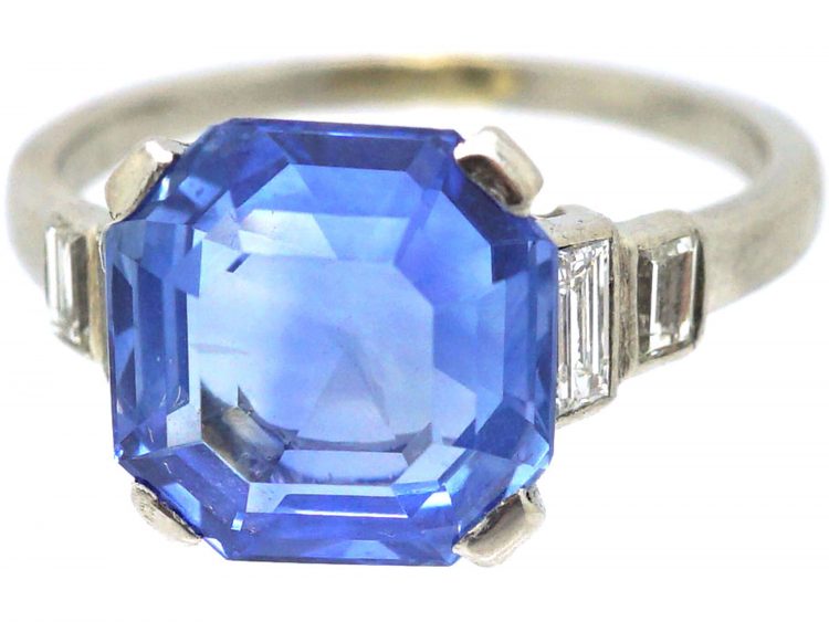 French Art Deco Platinum & Unheated Ceylon Sapphire Ring with Baguette Diamond Shoulders