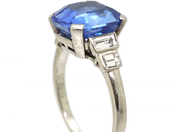 French Art Deco Platinum & Unheated Ceylon Sapphire Ring with Baguette Diamond Shoulders
