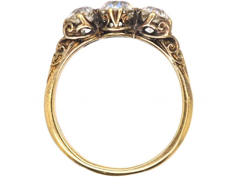 Victorian 18ct Gold, Carved Half Hoop Three Stone Diamond Ring