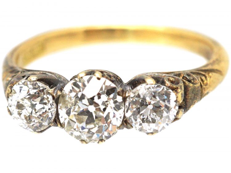 Victorian 18ct Gold, Carved Half Hoop Three Stone Diamond Ring