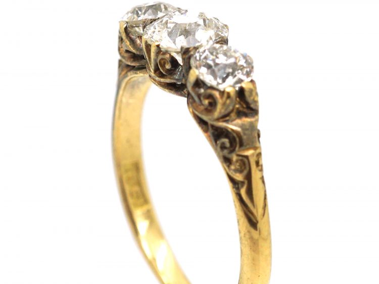 Victorian 18ct Gold, Carved Half Hoop Three Stone Diamond Ring