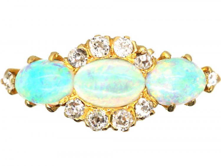 Edwardian 18ct Gold Three Stone Opal & Diamond Ring