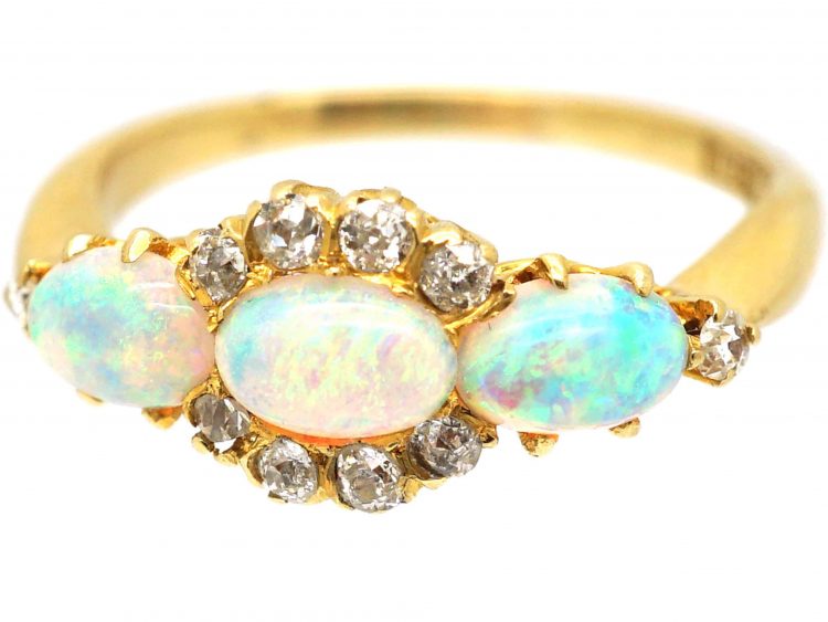 Edwardian 18ct Gold Three Stone Opal & Diamond Ring
