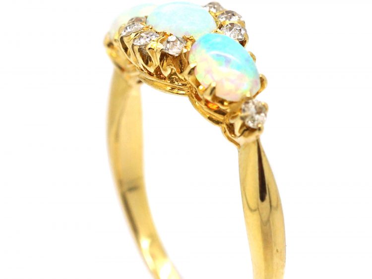 Edwardian 18ct Gold Three Stone Opal & Diamond Ring