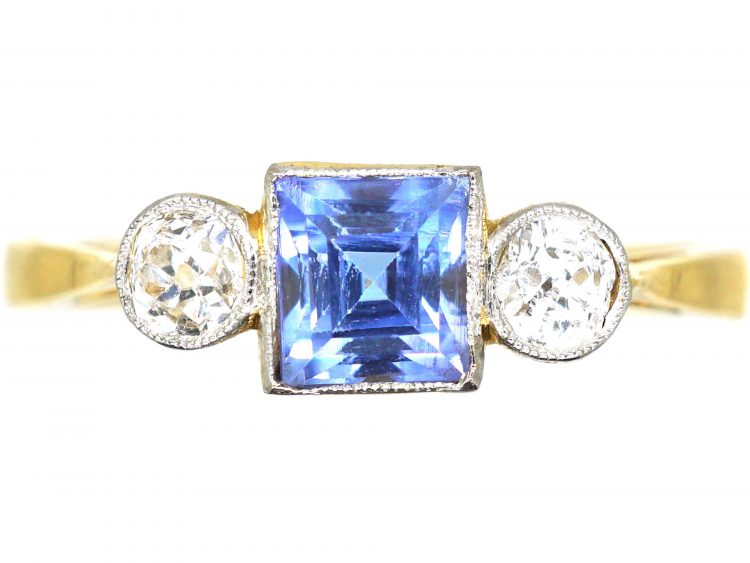 Art Deco 18ct Gold & Platinum, Square Sapphire & Diamond Ring