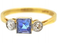 Art Deco 18ct Gold & Platinum, Square Sapphire & Diamond Ring