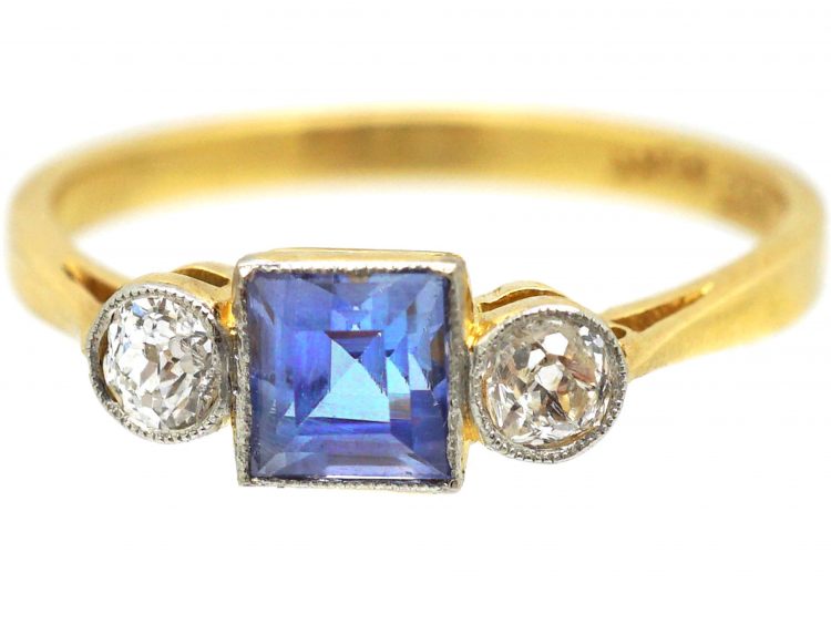 Art Deco 18ct Gold & Platinum, Square Sapphire & Diamond Ring