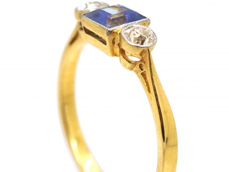 Art Deco 18ct Gold & Platinum, Square Sapphire & Diamond Ring
