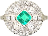 Art Deco Platinum, Emerald & Diamond Cluster Ring