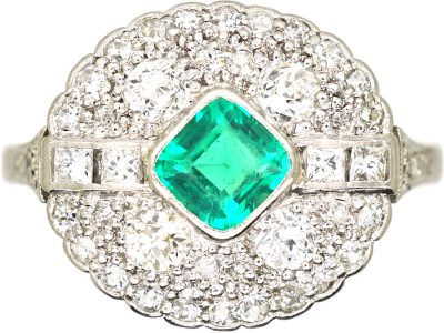 Art Deco Platinum, Emerald & Diamond Cluster Ring