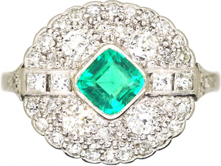 Art Deco Platinum, Emerald & Diamond Cluster Ring