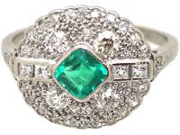 Art Deco Platinum, Emerald & Diamond Cluster Ring