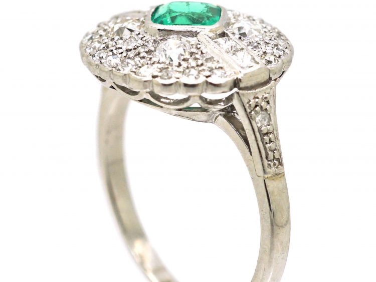 Art Deco Platinum, Emerald & Diamond Cluster Ring