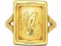 Victorian 18ct Gold Aesthetic Movement Ring with Bird Motif & Locket on Reverse