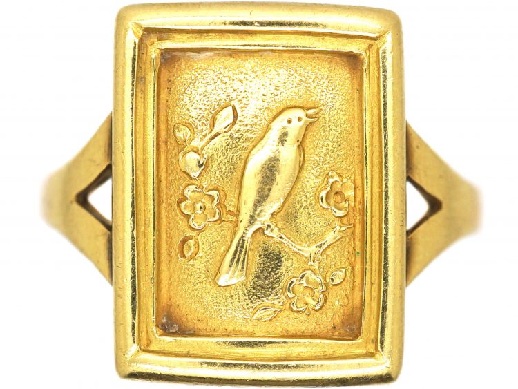 Victorian 18ct Gold Aesthetic Movement Ring with Bird Motif & Locket on Reverse