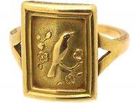 Victorian 18ct Gold Aesthetic Movement Ring with Bird Motif & Locket on Reverse