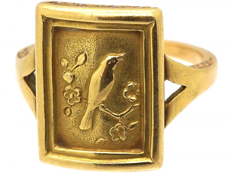 Victorian 18ct Gold Aesthetic Movement Ring with Bird Motif & Locket on Reverse