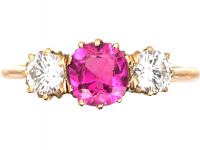 Art Deco 18ct Gold, Pink Sapphire & Diamond Three Stone Ring