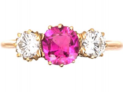Art Deco 18ct Gold, Pink Sapphire & Diamond Three Stone Ring