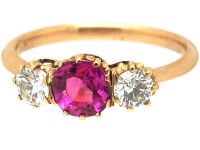 Art Deco 18ct Gold, Pink Sapphire & Diamond Three Stone Ring