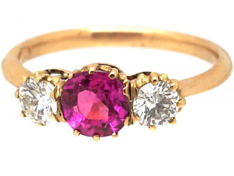 Art Deco 18ct Gold, Pink Sapphire & Diamond Three Stone Ring