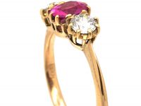 Art Deco 18ct Gold, Pink Sapphire & Diamond Three Stone Ring