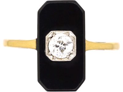 Art Deco 18ct Gold & Platinum, Onyx & Diamond Geometric Ring
