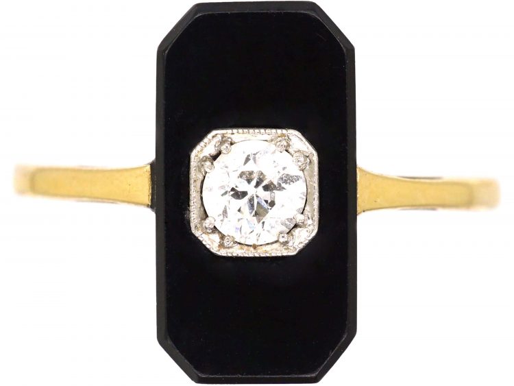 Art Deco 18ct Gold & Platinum, Onyx & Diamond Geometric Ring