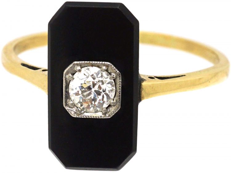 Art Deco 18ct Gold & Platinum, Onyx & Diamond Geometric Ring