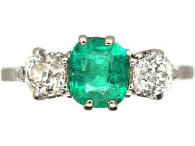 Art Deco Platinum, Emerald & Diamond Three Stone Ring