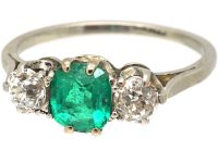 Art Deco Platinum, Emerald & Diamond Three Stone Ring