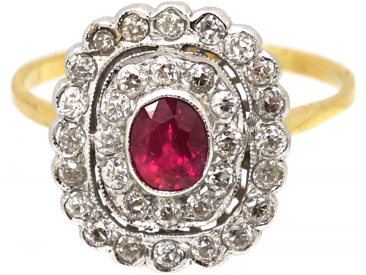 1950s 18ct Gold & Platinum, Ruby & Diamond Cluster Ring