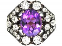 French Early 19th Century Large Amethyst & Old Cut Diamond Cluster Ring