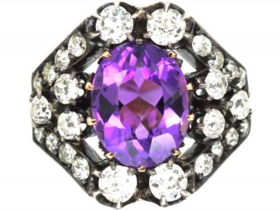 French Early 19th Century Large Amethyst & Old Cut Diamond Cluster Ring