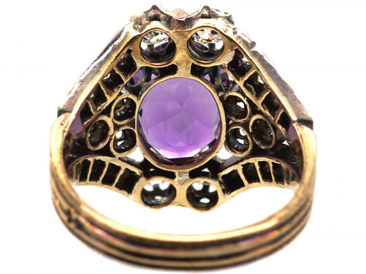 French Early 19th Century Large Amethyst & Old Cut Diamond Cluster Ring
